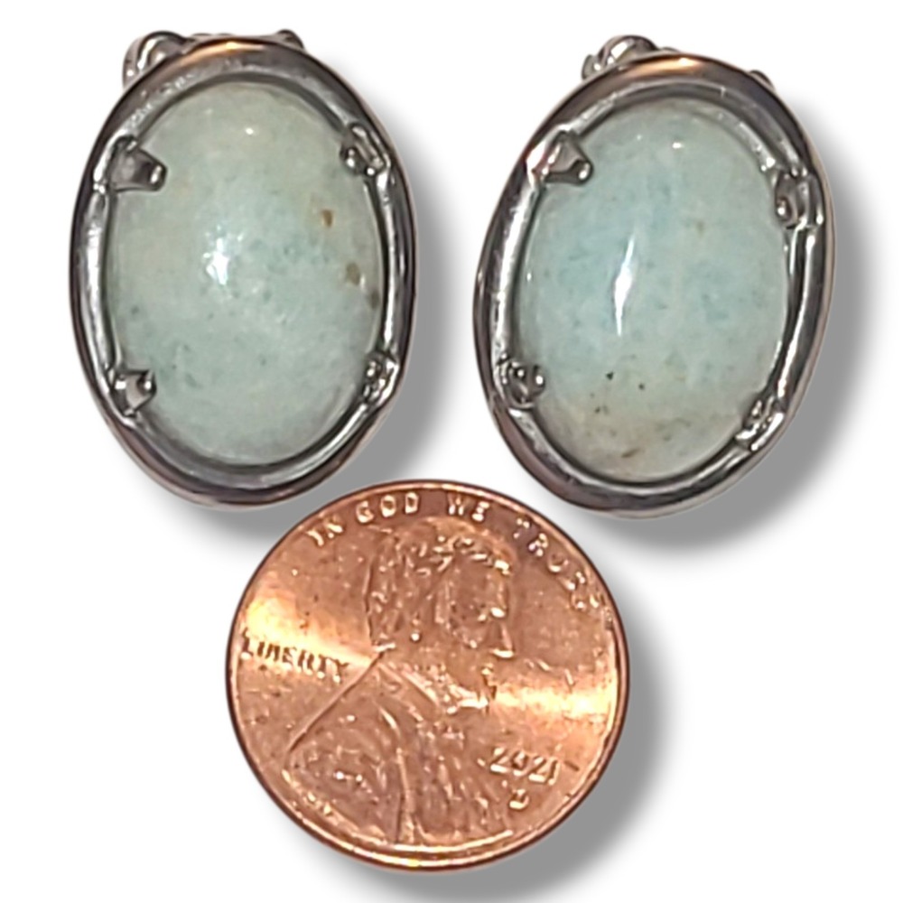 Larimar Cabochon Clip On Earrings Oval Blue Stone Silver Tone Vintage Style - Picture 3 of 5